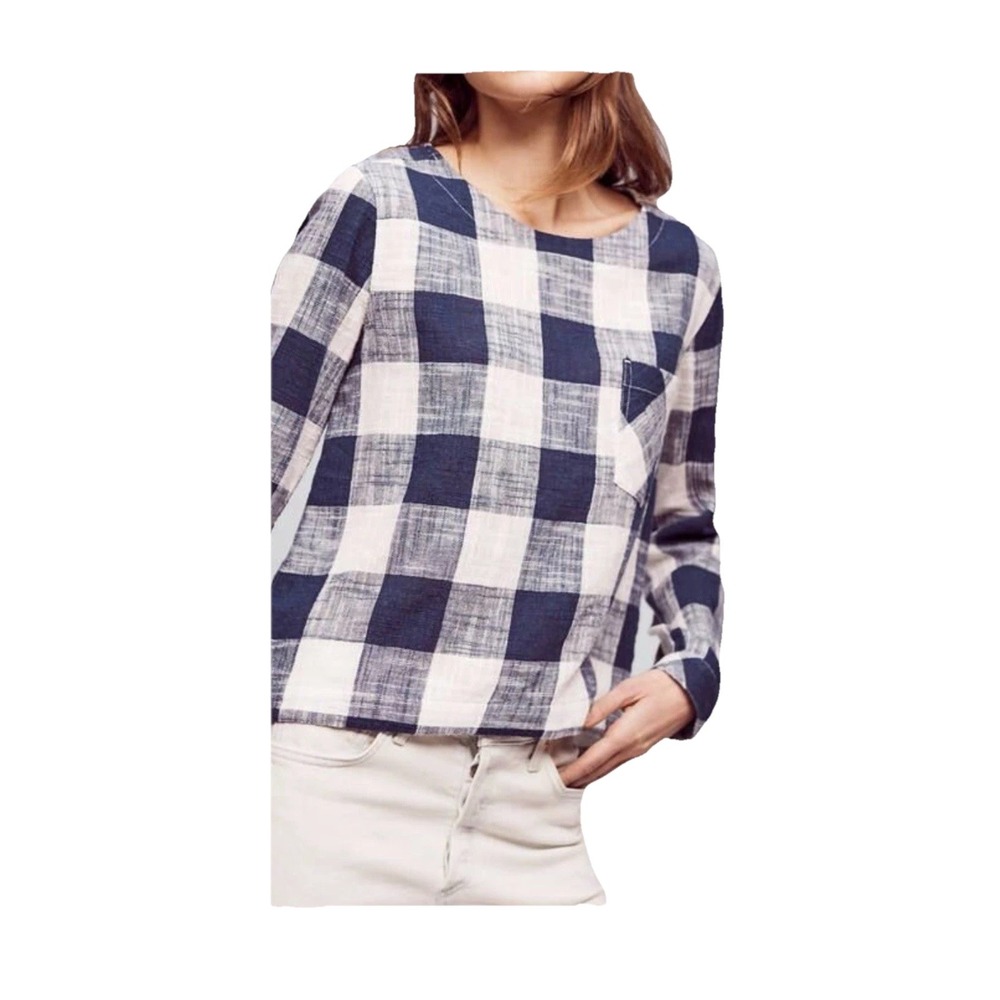Cloth & Stone Small ‎ Anthropologie Button Back Blouse Plaid Linen Pocket Crop